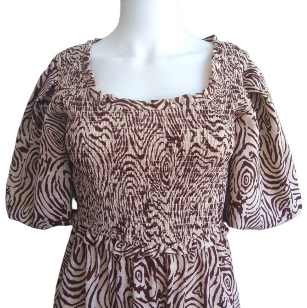 Anthropologie Moon River Smocked Puff Sleeve Midi Dress in Chocolate Swirl Print - Picture 10 of 11